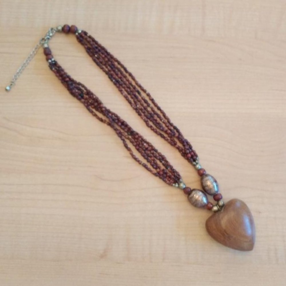 Vintage Boho Large Puffy Wood Heart with Bead Necklace - Picture 5 of 5